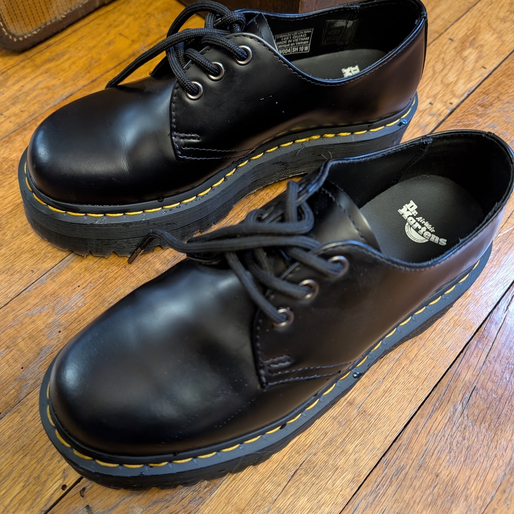 Dr. Martens Black Leather Oxfords with Yellow Stitching, Platform, US 7M, 9W